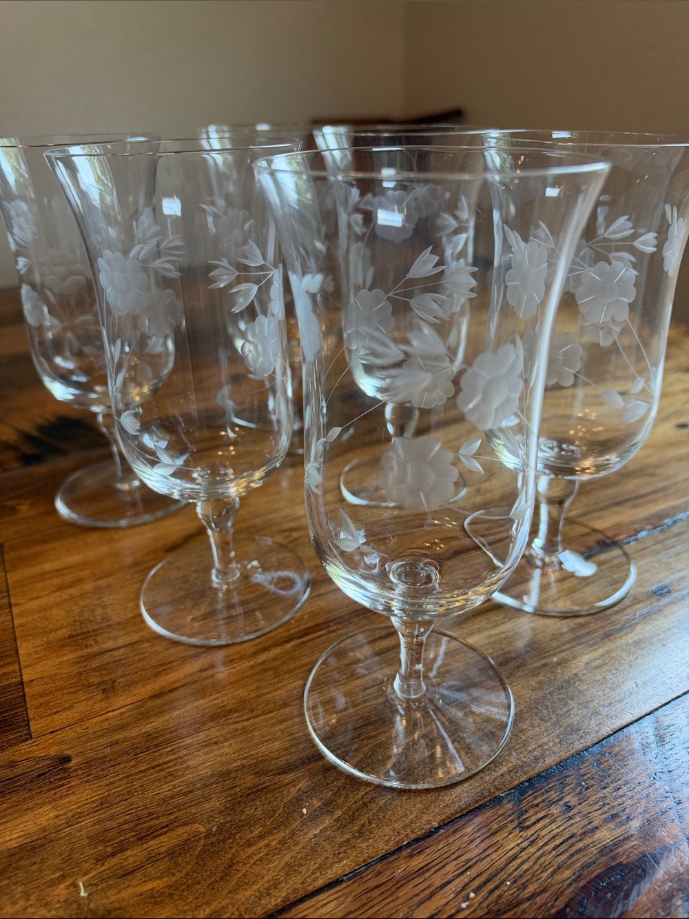 Vintage Set of 6 Crystal Floral Etched Drinking Glasses with Short Stem and Base
